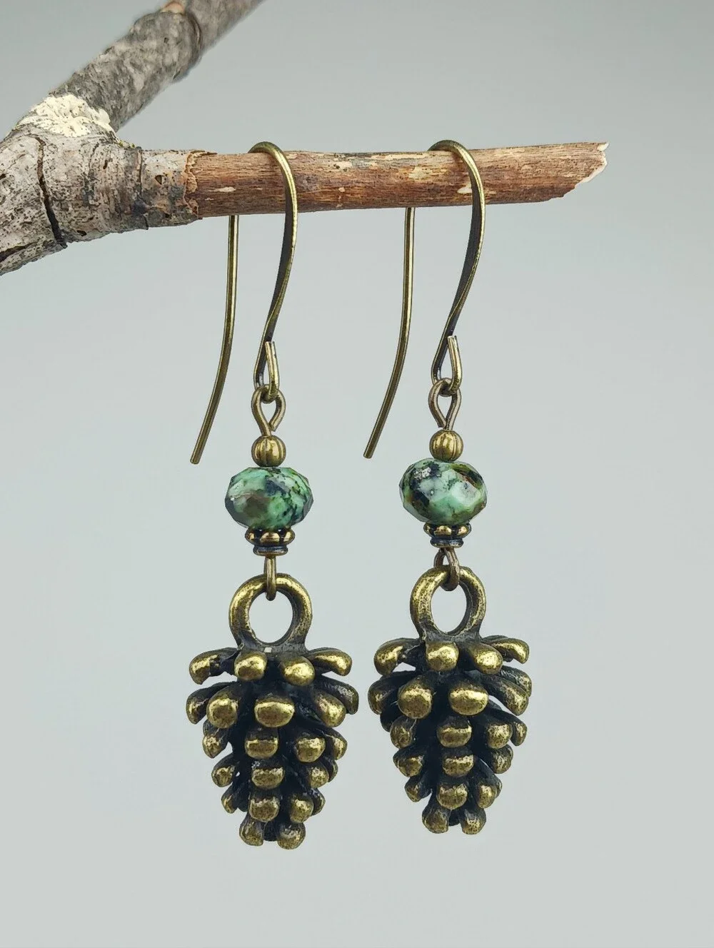 African Turquoise Jasper Pinecone Earrings Rustic Brass Woodland Hand Crafted